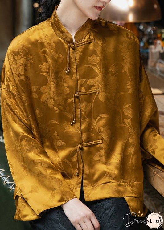 Vintage Yellow Mandarin Collar Button asymmetrical design Jacquard Silk Top Long sleeve