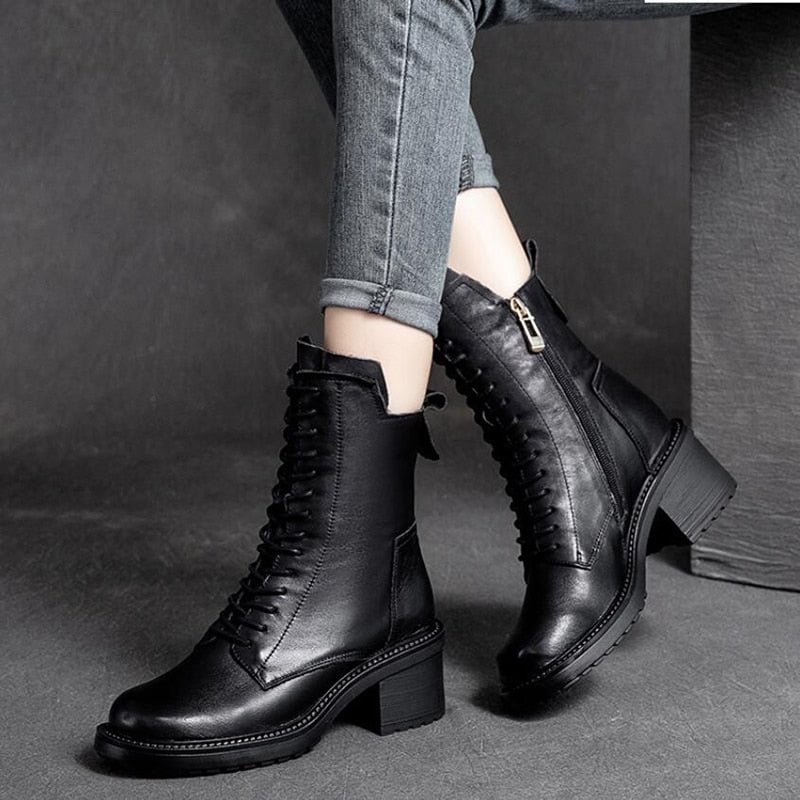 GKTINOO 2022 Cow Leather Quality Women Shoes Autumn Winter Square Med Heel Ankle Boots Lace Up Zipper Ladies Pumps Size 35-40