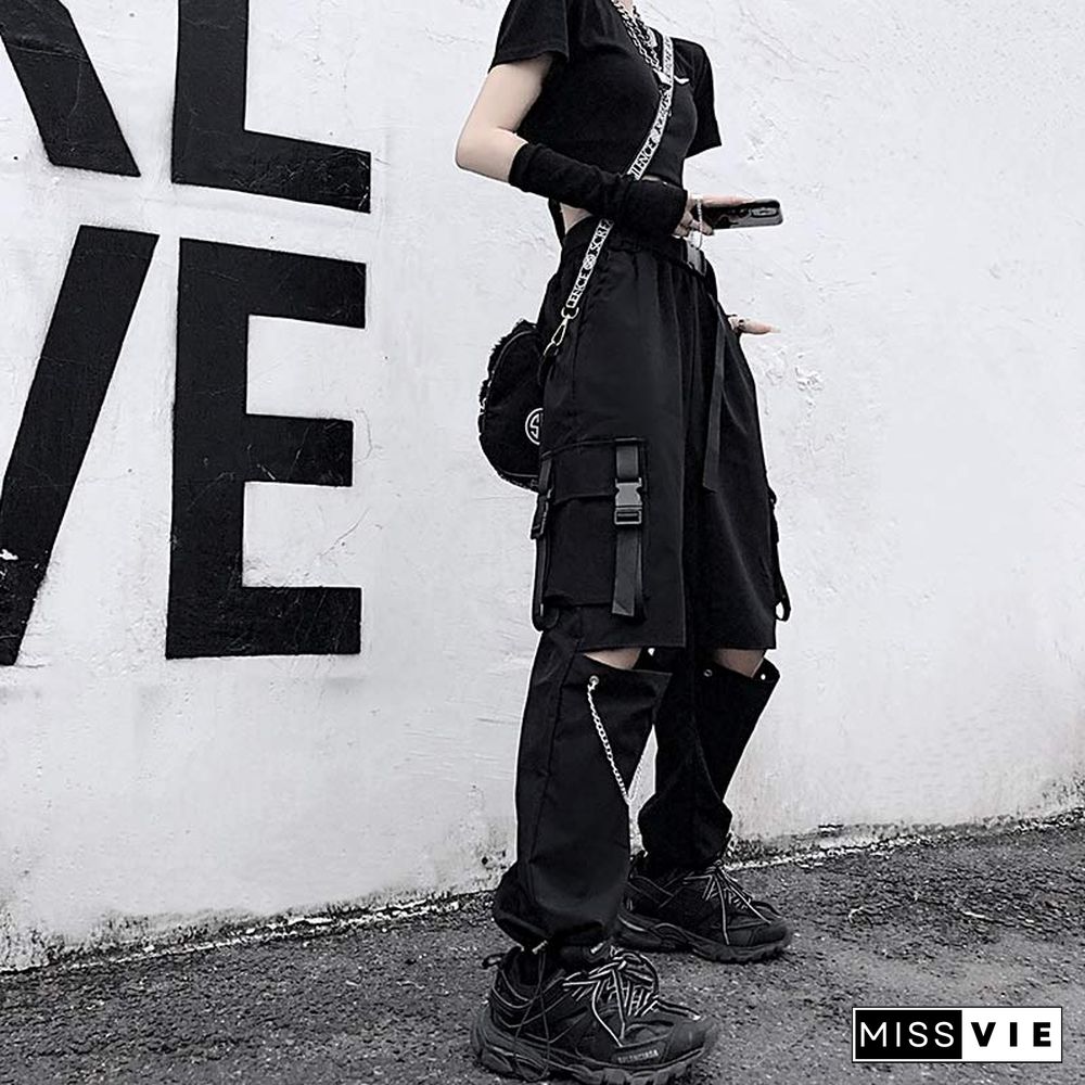 Casual Pants Chain Broken Hole Elastic Waist