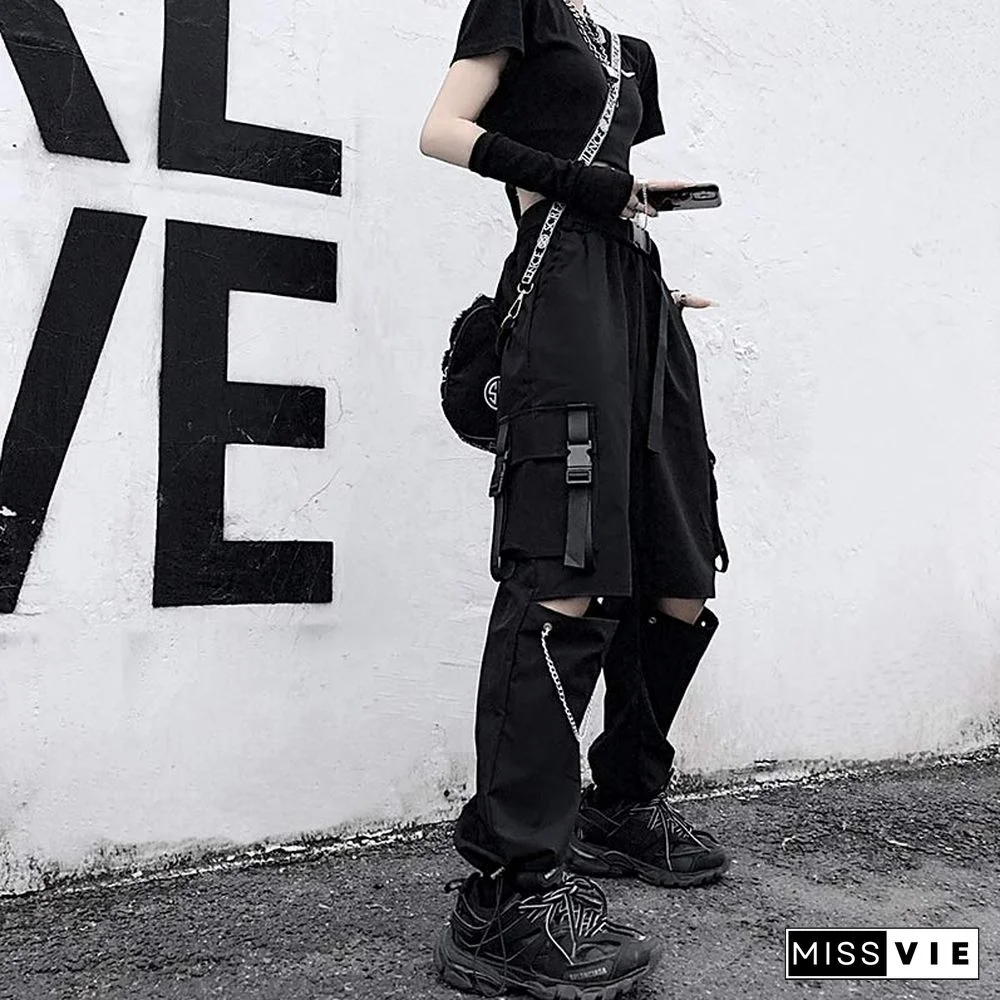 Casual Pants Chain Broken Hole Elastic Waist