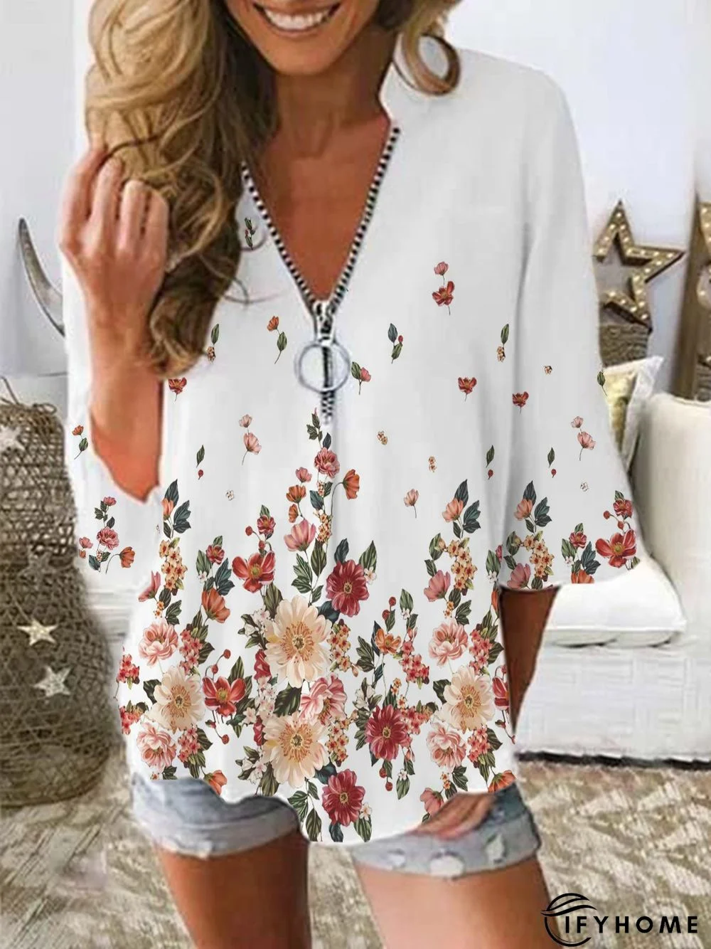 Floral Casual V Neck Zipper Three Quarter Loose Tunic Top | IFYHOME