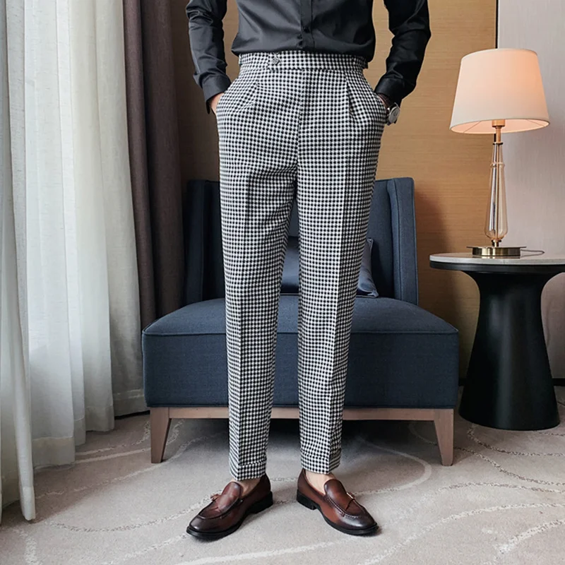 Men Vintage Casual Business Plaid Pants