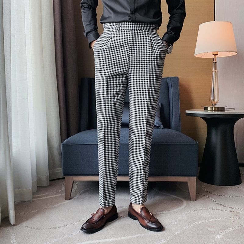 Men Vintage Casual Business Plaid Pants