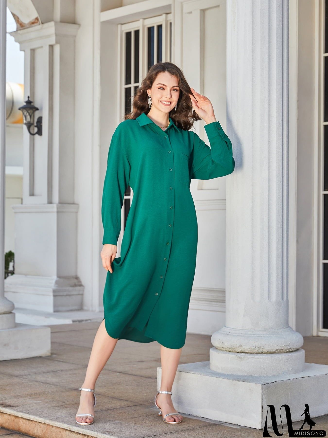 MidiSono - Collared Neck Long Sleeve Midi Shirt Dress