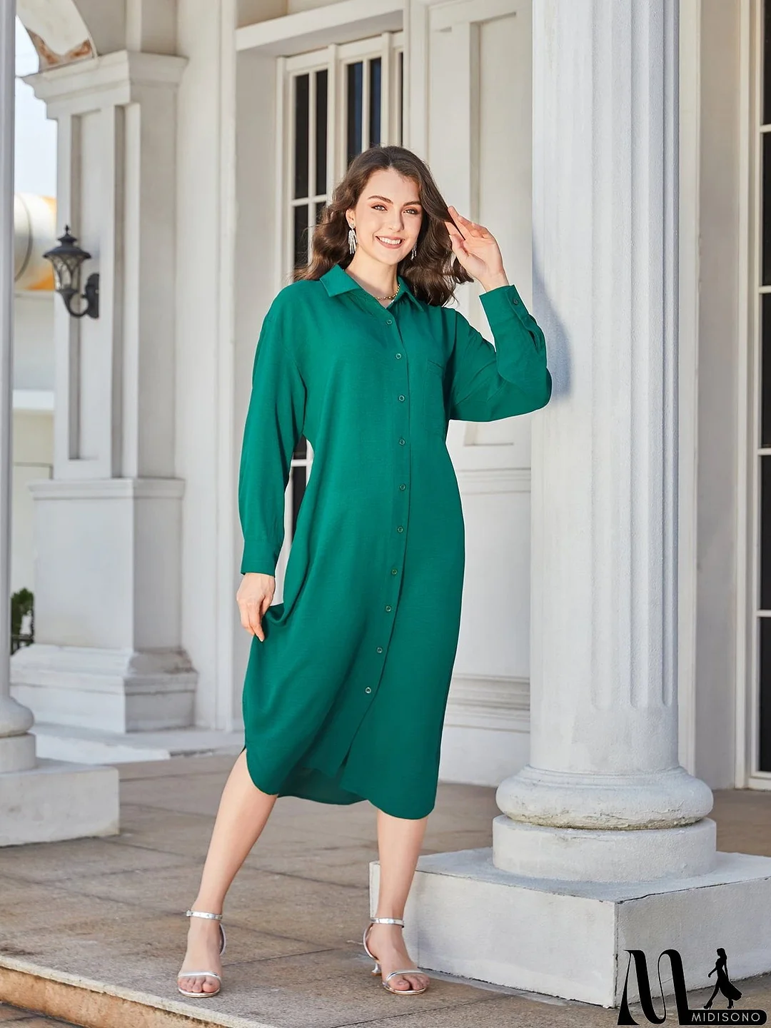 MidiSono - Collared Neck Long Sleeve Midi Shirt Dress