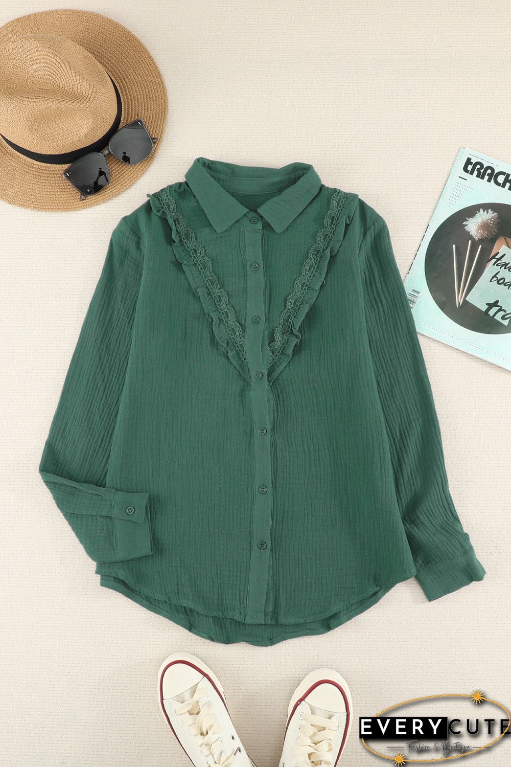 Green Ruffles Crinkled Long Sleeve Shirt