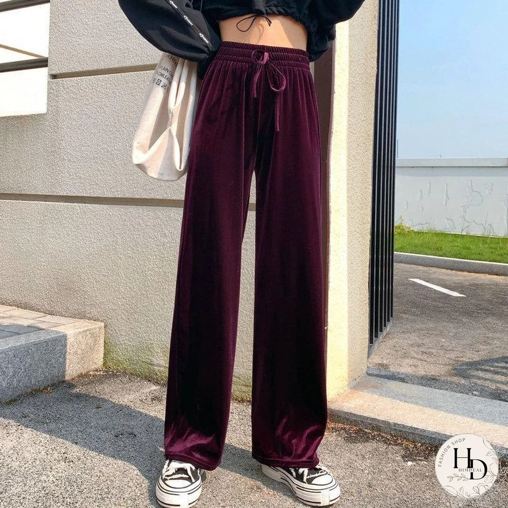 Elastic Waist Plain Loose Velvet Pants