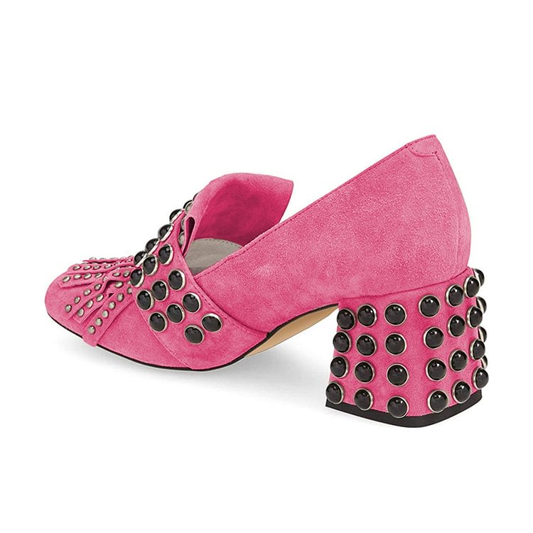 Pink Suede Fringe Studs Block Heels Pumps |FSJ Shoes