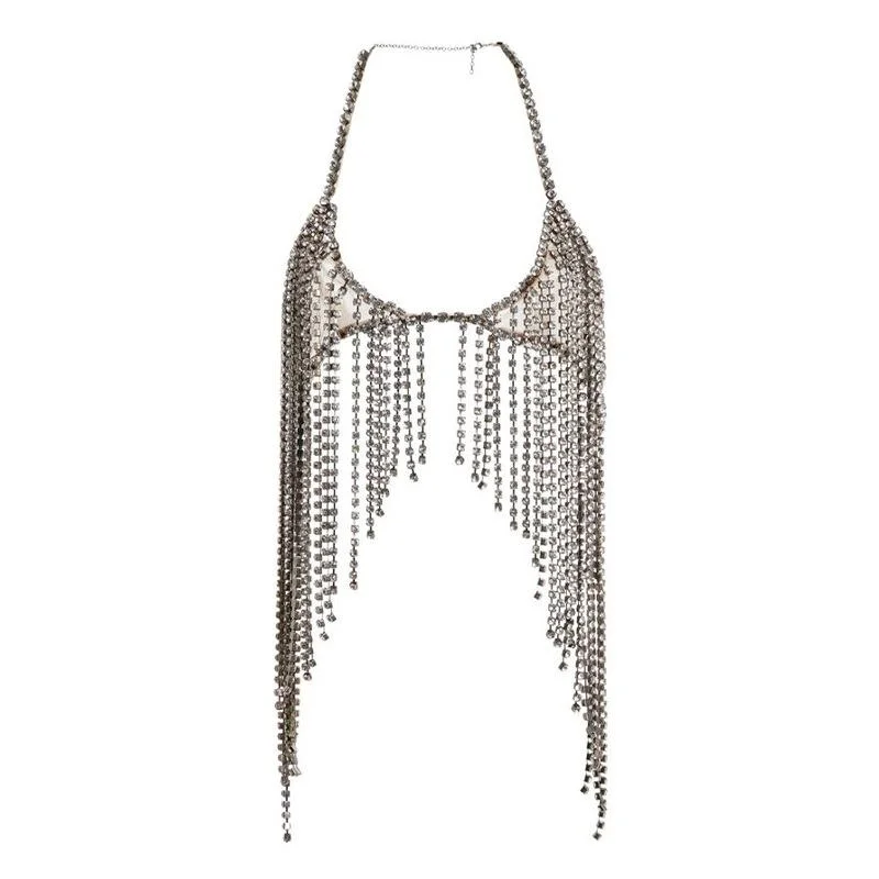 Sexy Rhinestone Tassel Halter Chest Chain-zachics