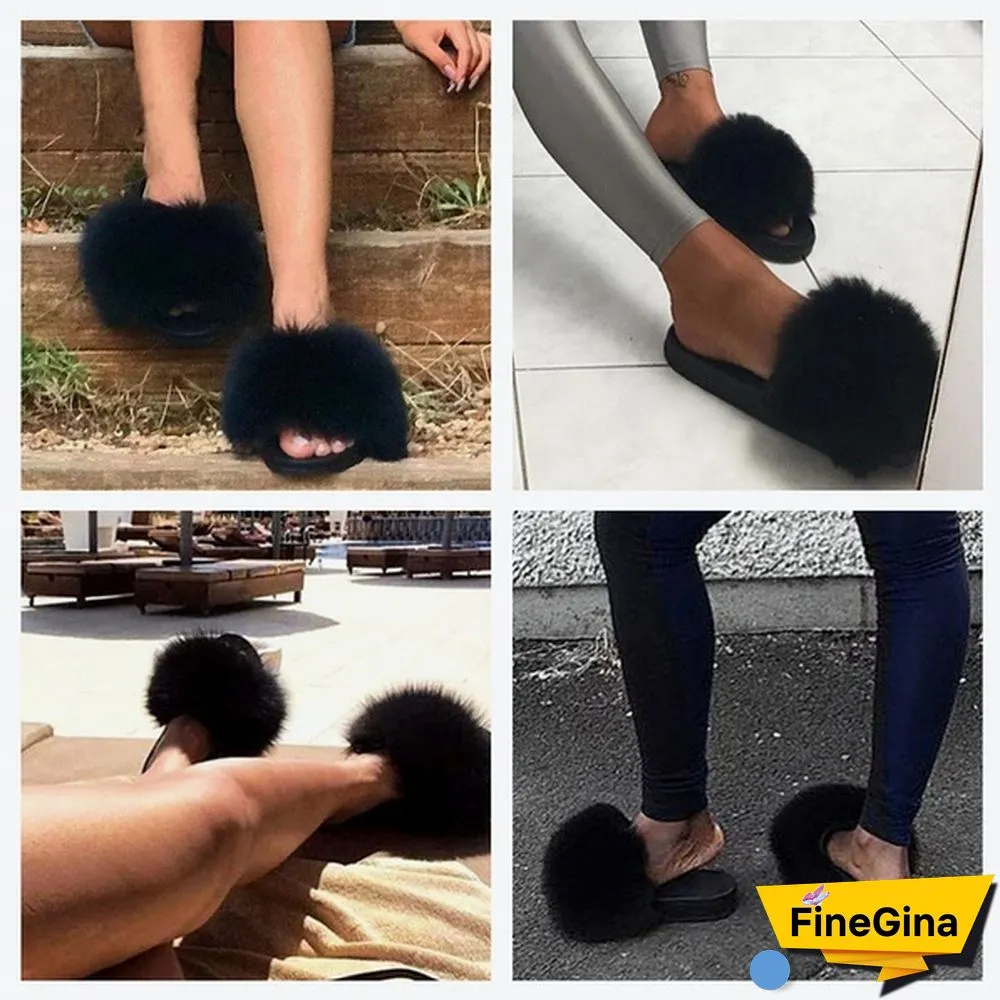 New Hot Fashion Ladies Girls Hairy Slippers Women Fox Fur Slippers Sandals Fluffy Fur Slides Beach Shoes Plus Size