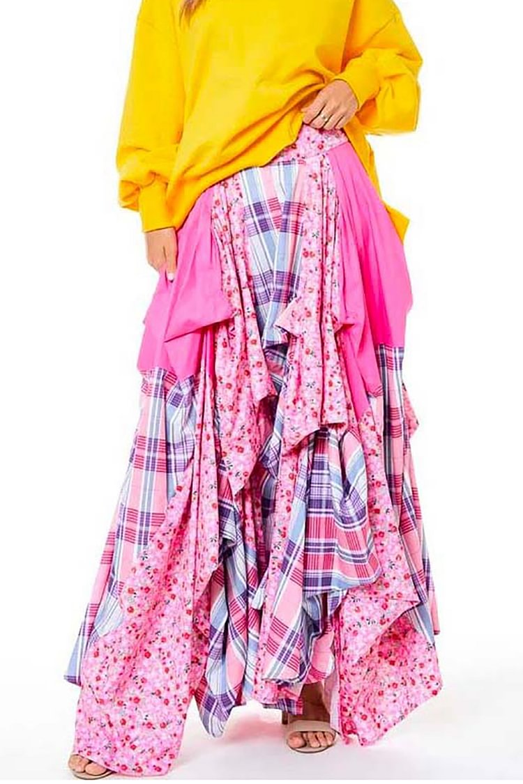 Plus Size Fuchsia Daily Flannel Plaid Patchwork Print Maxi Skirt