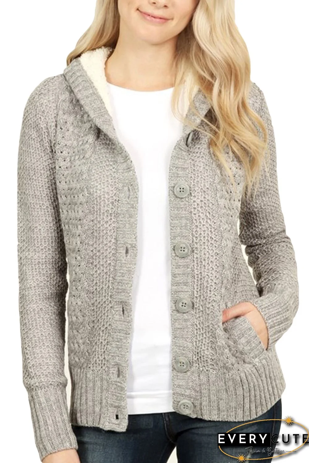 Fleece Hooded Gray Button Down Cardigan Sweater