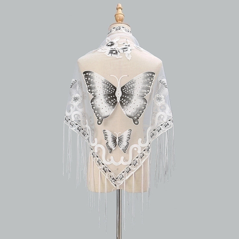New Tassel Triangle Scarf Solid Color Hollow Lace Butterfly Embroidered Triangle Shawl Scarf For Women