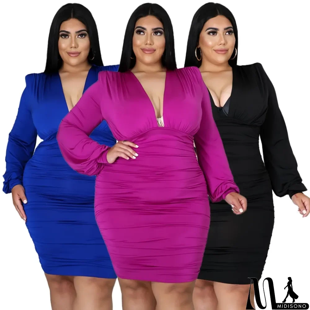 MidiSono - Autumn Plus Size Formal Purple Long Sleeve Ruched Bodycon Dress