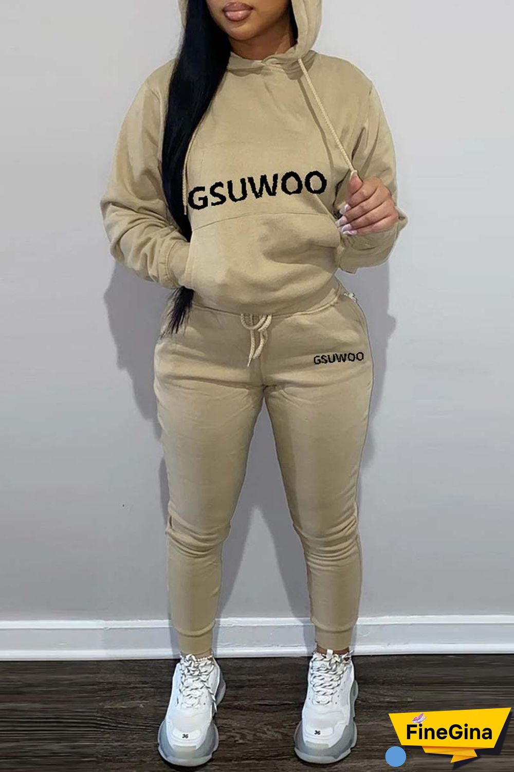 Khaki Casual Letter Print Basic Hooded Collar Long Sleeve Two Pieces