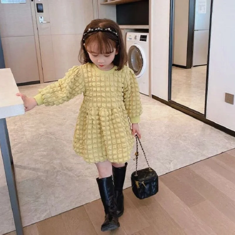 Fashion Girl Princess Waffle Dress Infant Toddler Girl Popcorn Tshirt Dress Long Sleeve Outfit Spring Autumn Baby Clothes 1-14Y