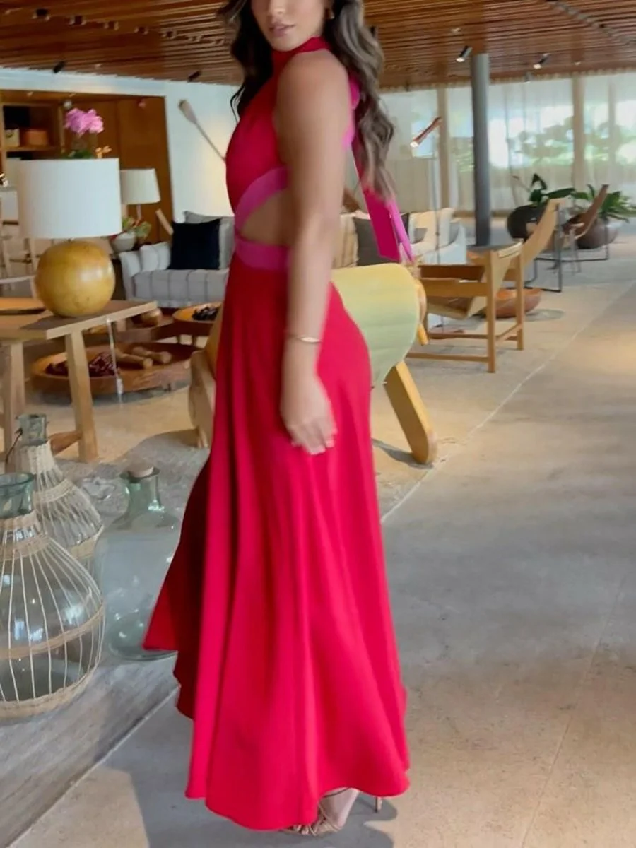 Backless Cross Colorblock Maxi Dress