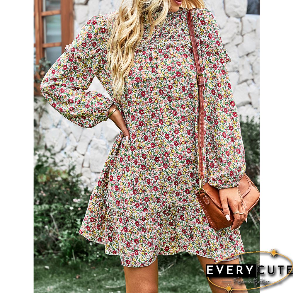 Muliticolor Floral Print Smocked Long Sleeve Dress