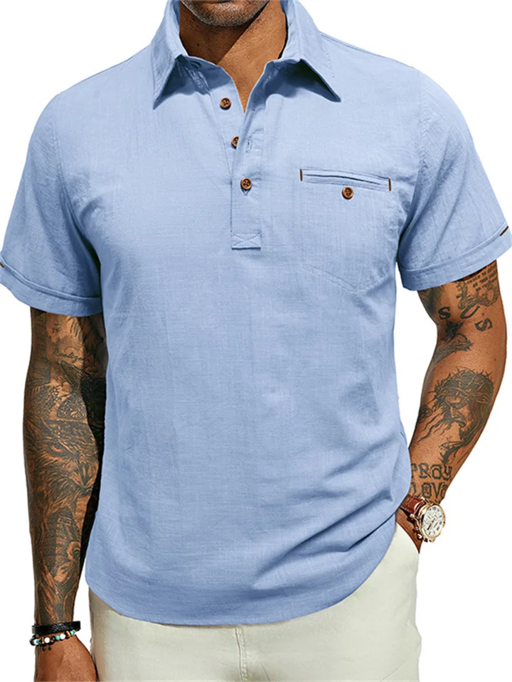 Men's Hawaii Short-sleeved Beach Shirts Lapel Men's Shirts Cotton Linen Tops