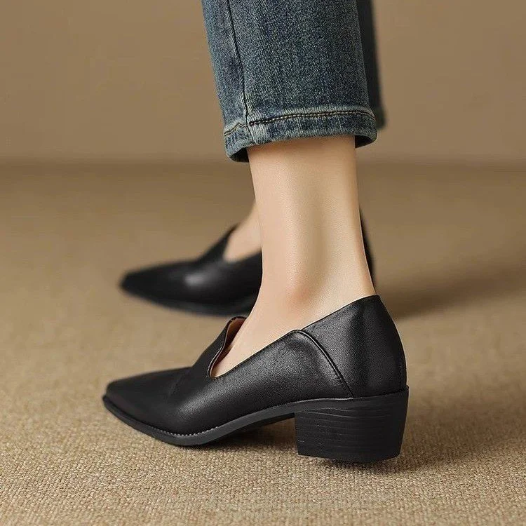 Yyvonne Heels 2025 Spring New Women's Shoes Tips Thick Heel Fashion Shoes Light Mouth Single Shoes Low Shoes Small Leather Shoes