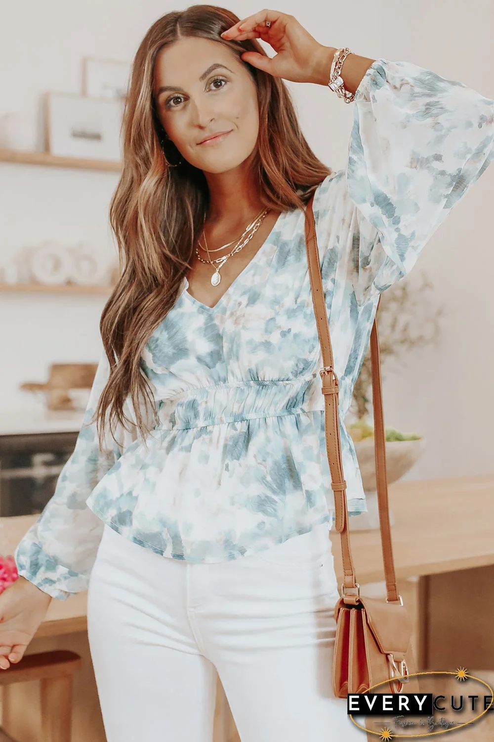 Sky Blue V Neck Tie-dye Peplum Top
