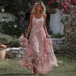 Women's Floral Roses Art Print Flowy Linen Blend Casual Suspender Maxi Dress - Image 2