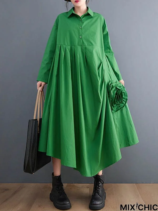 Urban Floral Applique Pleated Long Sleeves Shirt Dress Midi Dress