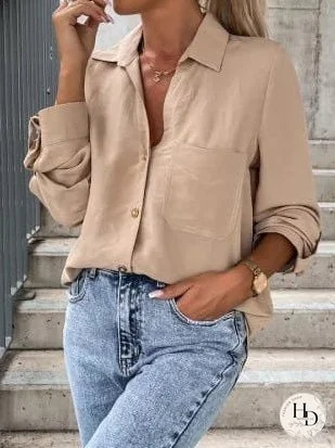 Simple Solid Lapel Button Long Sleeve Blouses