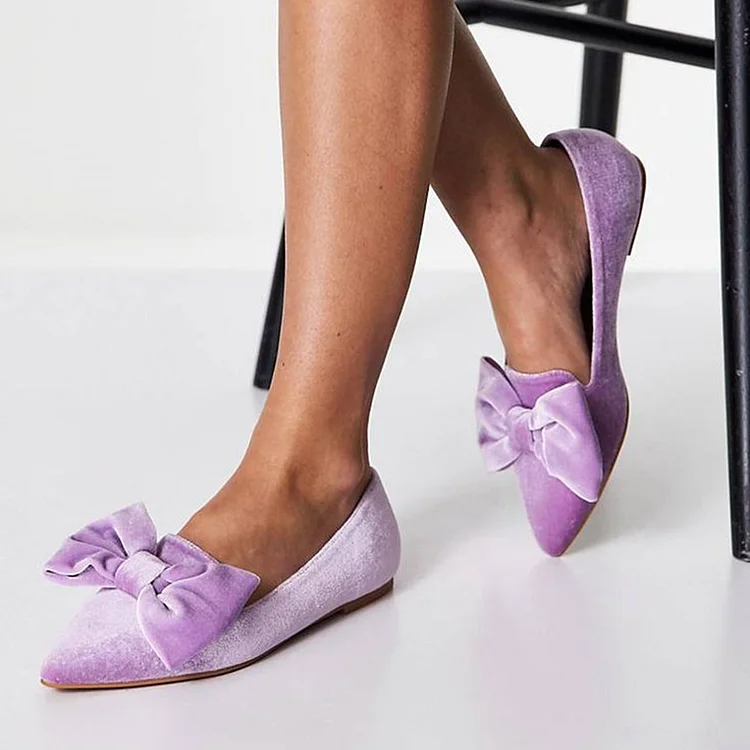 Classic Purple Velvet Flat Pump Women's Pointed Toe Bow Shoes Office Cute Flats |FSJ Shoes