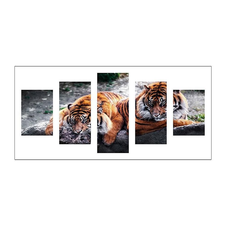 Tigers 5 pictures - Full Round Drill Diamond Painting - 95x45cm(Canvas)