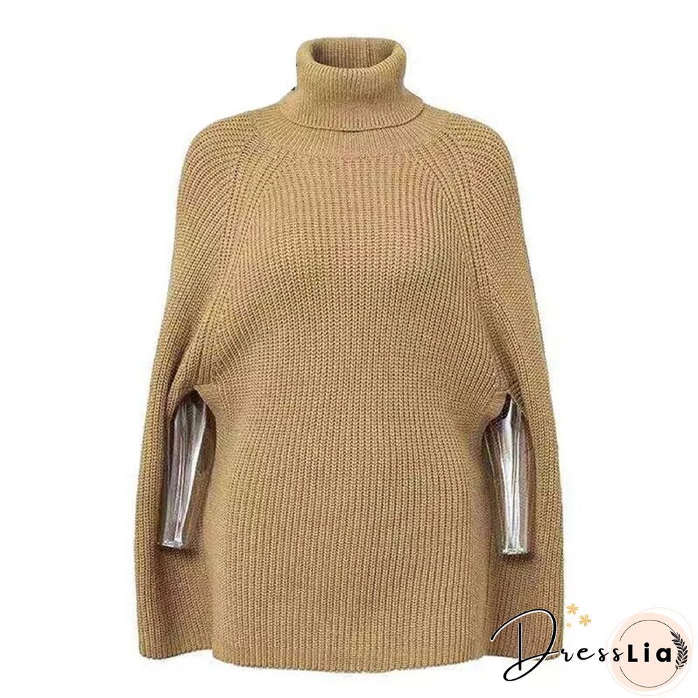 Fashion Cape Turtleneck Sweaters Women Fall Elegant Sleeveless Poncho Coats Female Batwing Knitted Oversized Jumpers Mujer
