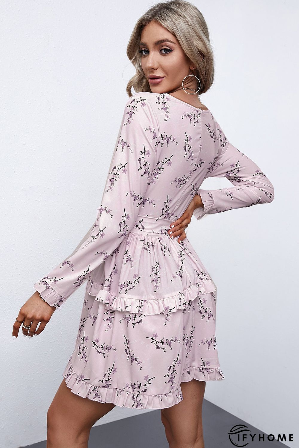 Pink Floral Print Ruffle Hemline Wrap Mini Dress | IFYHOME