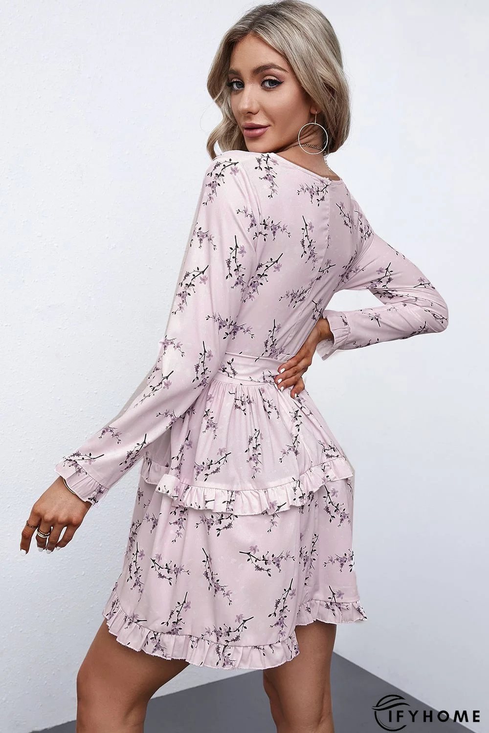 Pink Floral Print Ruffle Hemline Wrap Mini Dress | IFYHOME