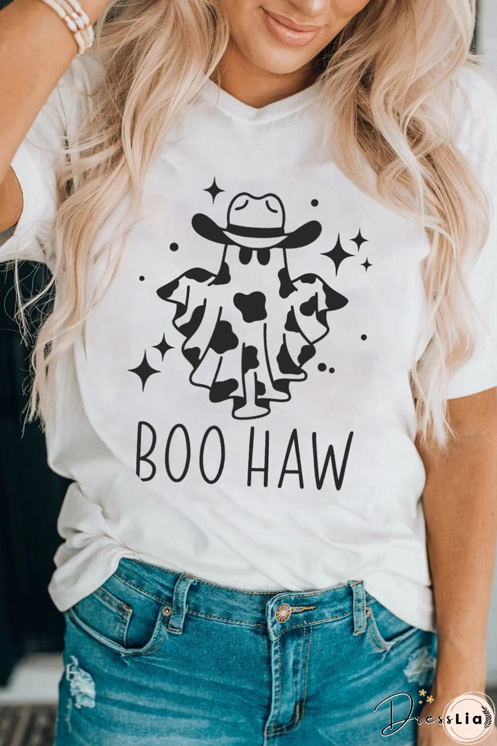 V-Neck Short Sleeve BOO HAW Ghost Graphic T-Shirt