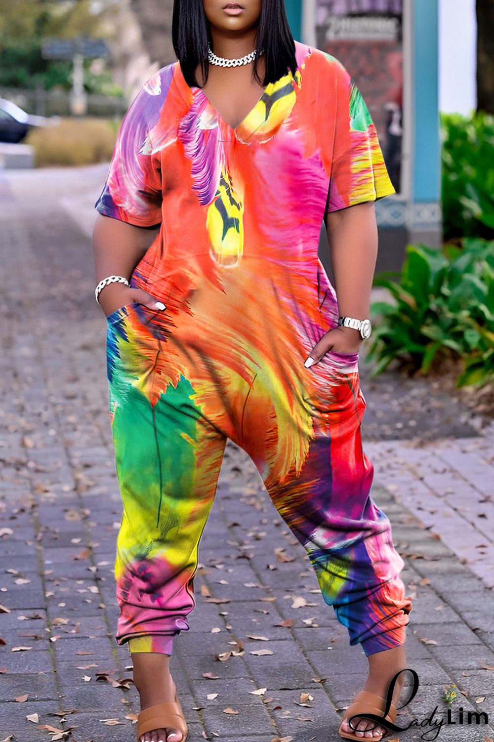 Pink Casual Print Patchwork V Neck Regular Jumpsuits