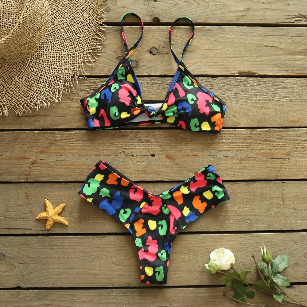 2021 New Sexy Low Waist Bikini Set Leopard Print Floral Splice Push Up Swimwear Women Beach Wear Swimsuit Bathing Suit biquini