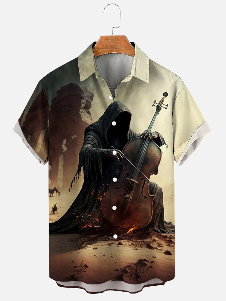Men's Halloween Spooky Grim Reaper Guitar Art Printing Shirt