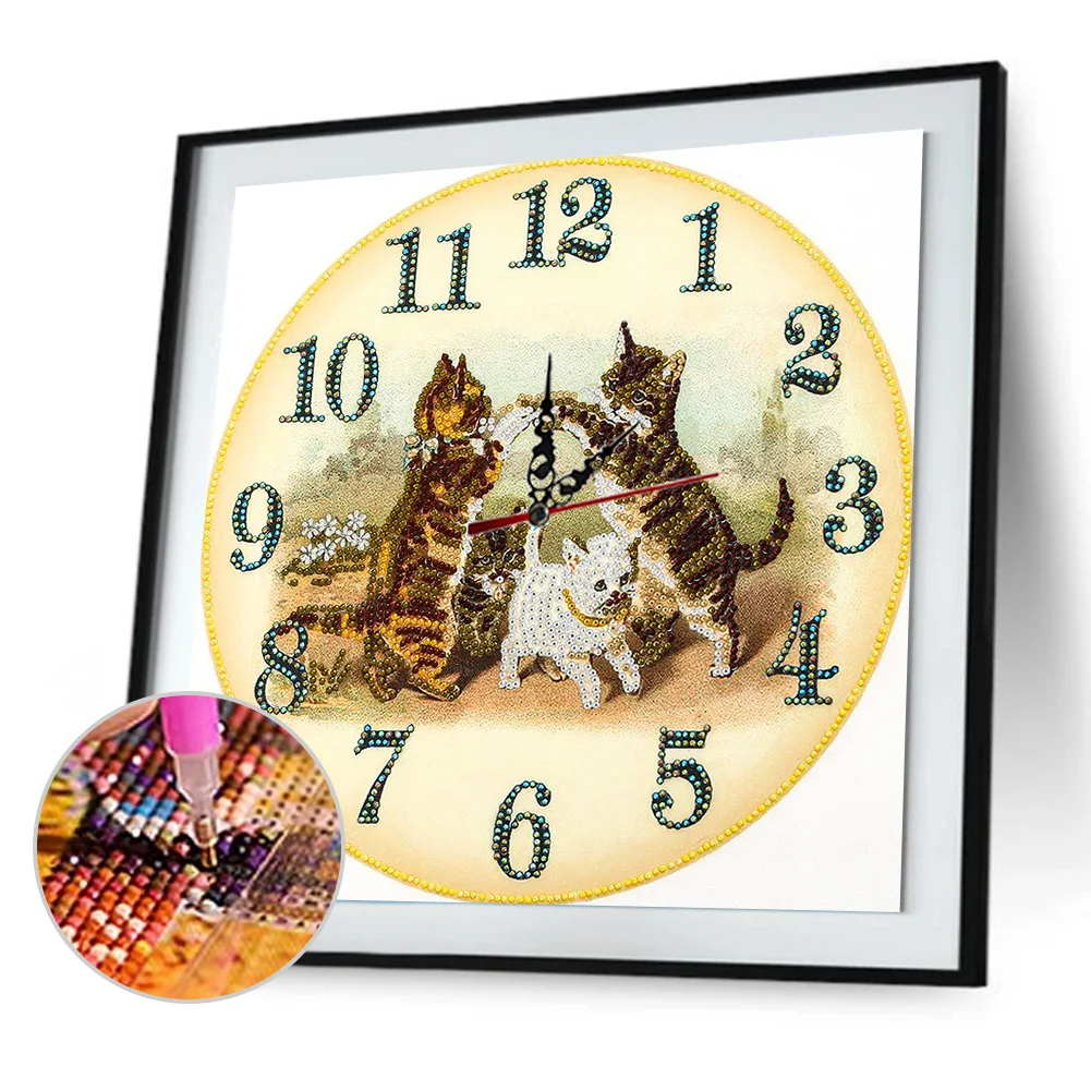 DIY Crystal Rhinestone Diamond Painting Cat Clock(35*35cm)
