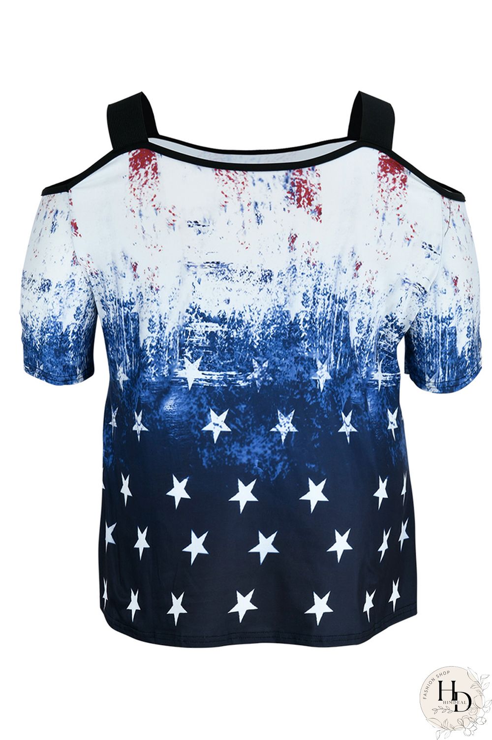 White Blue Red Fashion Casual Print Patchwork Off the Shoulder Plus Size Tops