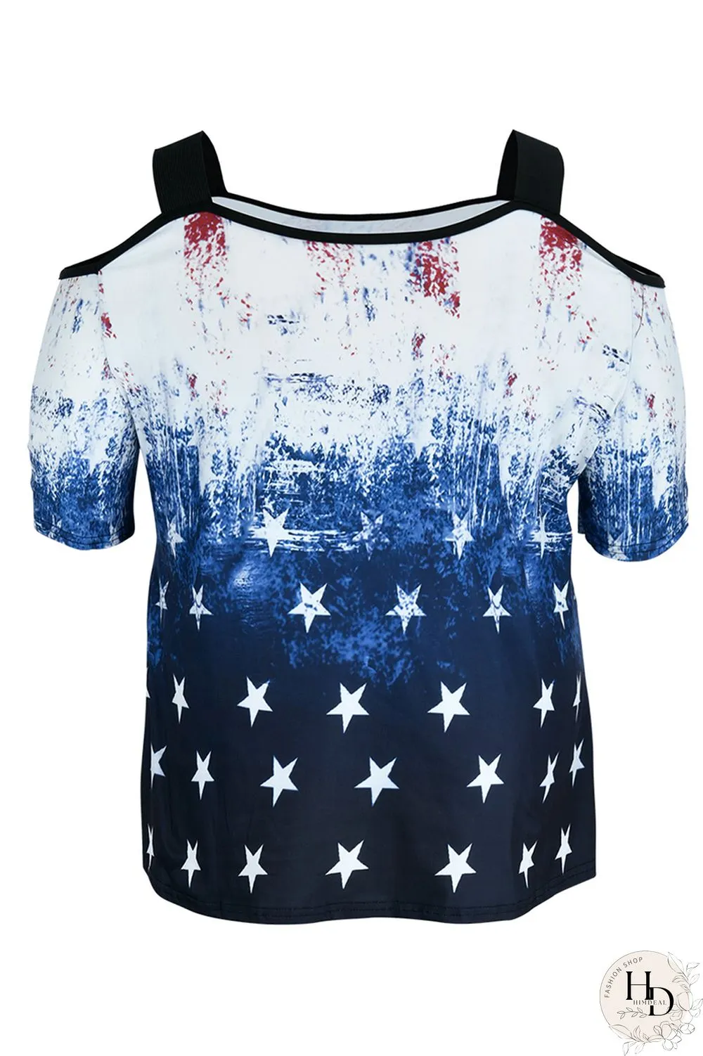 White Blue Red Fashion Casual Print Patchwork Off the Shoulder Plus Size Tops