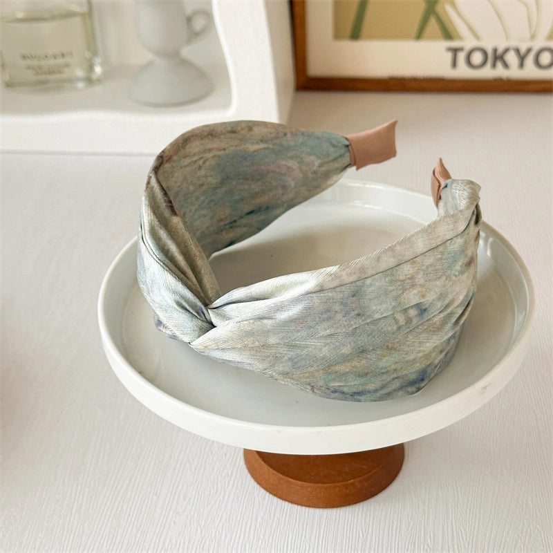 Monet Oil Painting Satin Headband Niche Retro Cross High Skull Top Wide Version Gradient Color Blooming Headband Hairpin For Hair Washing