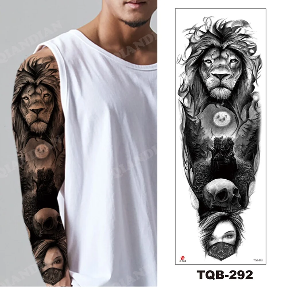 Sdrawing Arm Temporary Tattoo Wolf Lion Fish Horns Geometric Man Body Leg Rose Flower Phoenix Waterproof Sticker Cool Women Tatoo