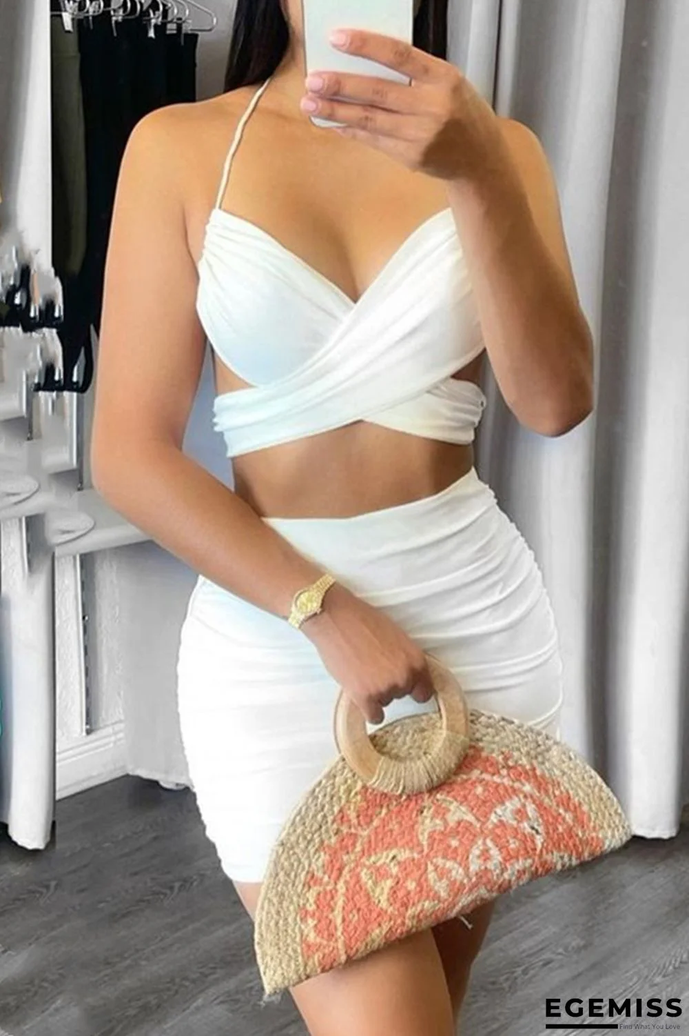 White Fashion Sexy Solid Backless Halter Sleeveless Two Pieces | EGEMISS