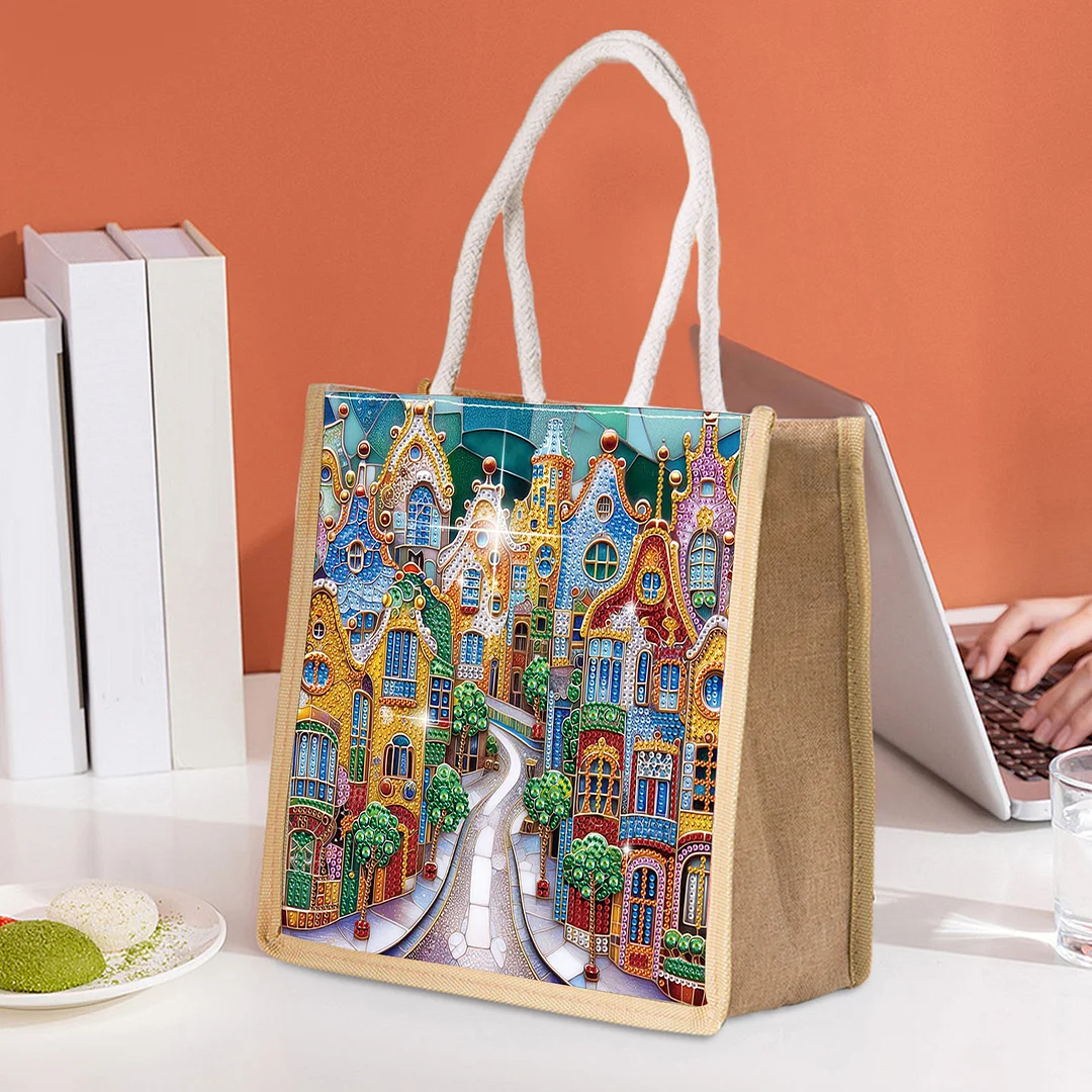 Fairy Tale Town DIY Diamond Painting Tote Bag for Adults Women Diamond Painting Kit Handbag for Casual Shopping Travel Daily Use Gift