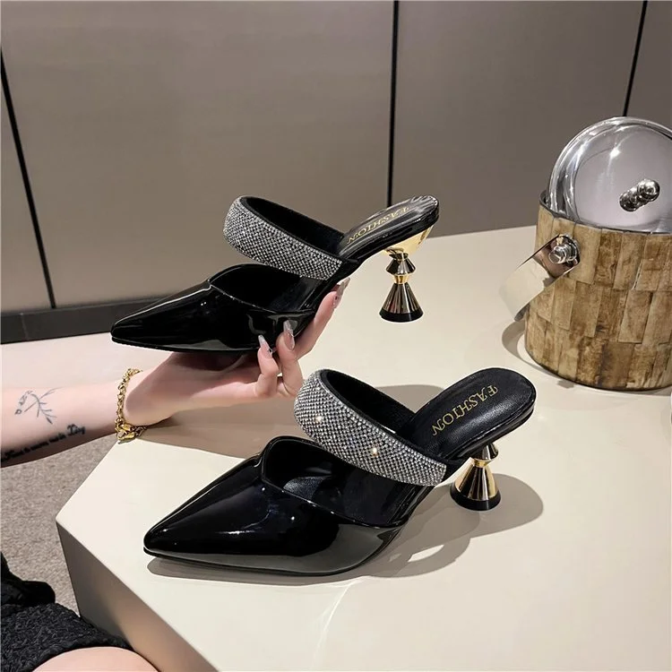 Churchf Churchf Large Size High Heels Women's New Half Slippers Pointed Heel Shoes Fashion Women Shoes Rhinestone Sandals