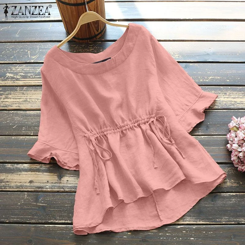 Women Summer Solid Flare Short Sleeve Blouse ZANZEA Cotton Drawstring Tops Casual Elegant O Neck Shirts Tunic Blusas