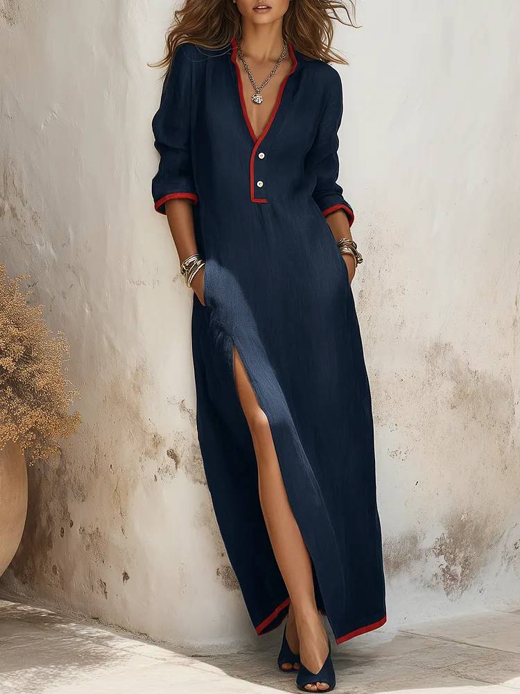Trendy Retro Color-blocked Trim Side-slit Cotton-linen Midi Dress