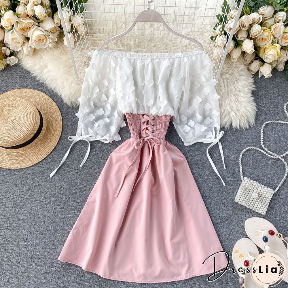 Sexy Off Shoulder Patchwork Summer Short Dress Party Flower Chiffon Slim Waist Lace Up Women Casual A-Line Beach Dress