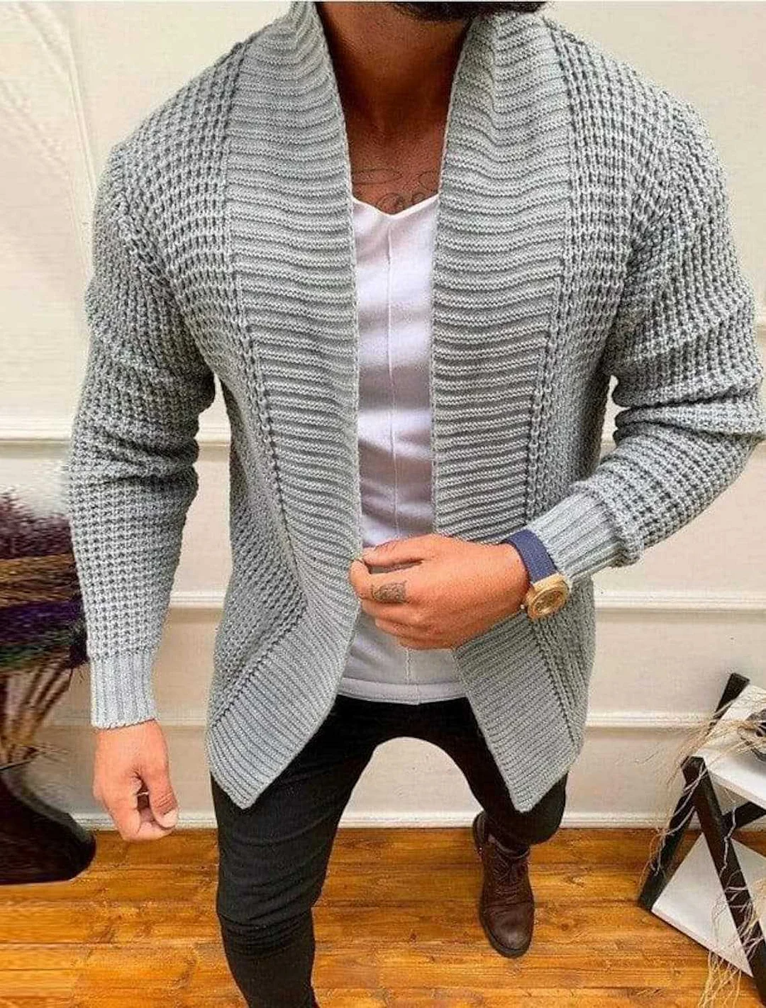Uveng Uveng Men's Fashion Men's Casual Long Sleeve Lapel Knit Sweater Men's Coat