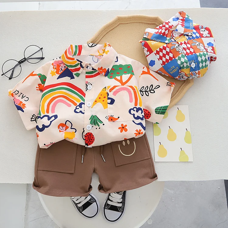 Baby Toddler Boy Summer Cartoon Rainbow and Rabbit T-shirt & Drawstring Shorts Set